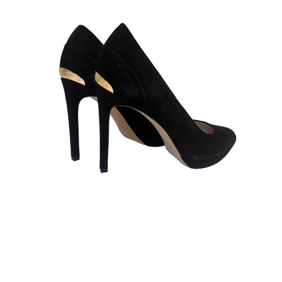 Michael Kors Black Suede Leather Pointed Toe Pumps Heels Gold Accent 7.5M - Picture 1 of 9